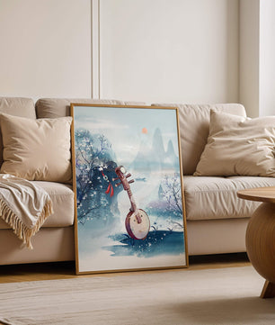 Paisaje tradicional chino con instrumento musical y flores