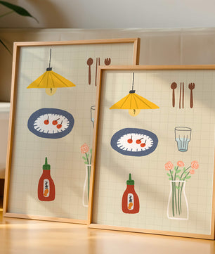Artículos de cocina ilustrados que incluyen lámpara, utensilios y flores