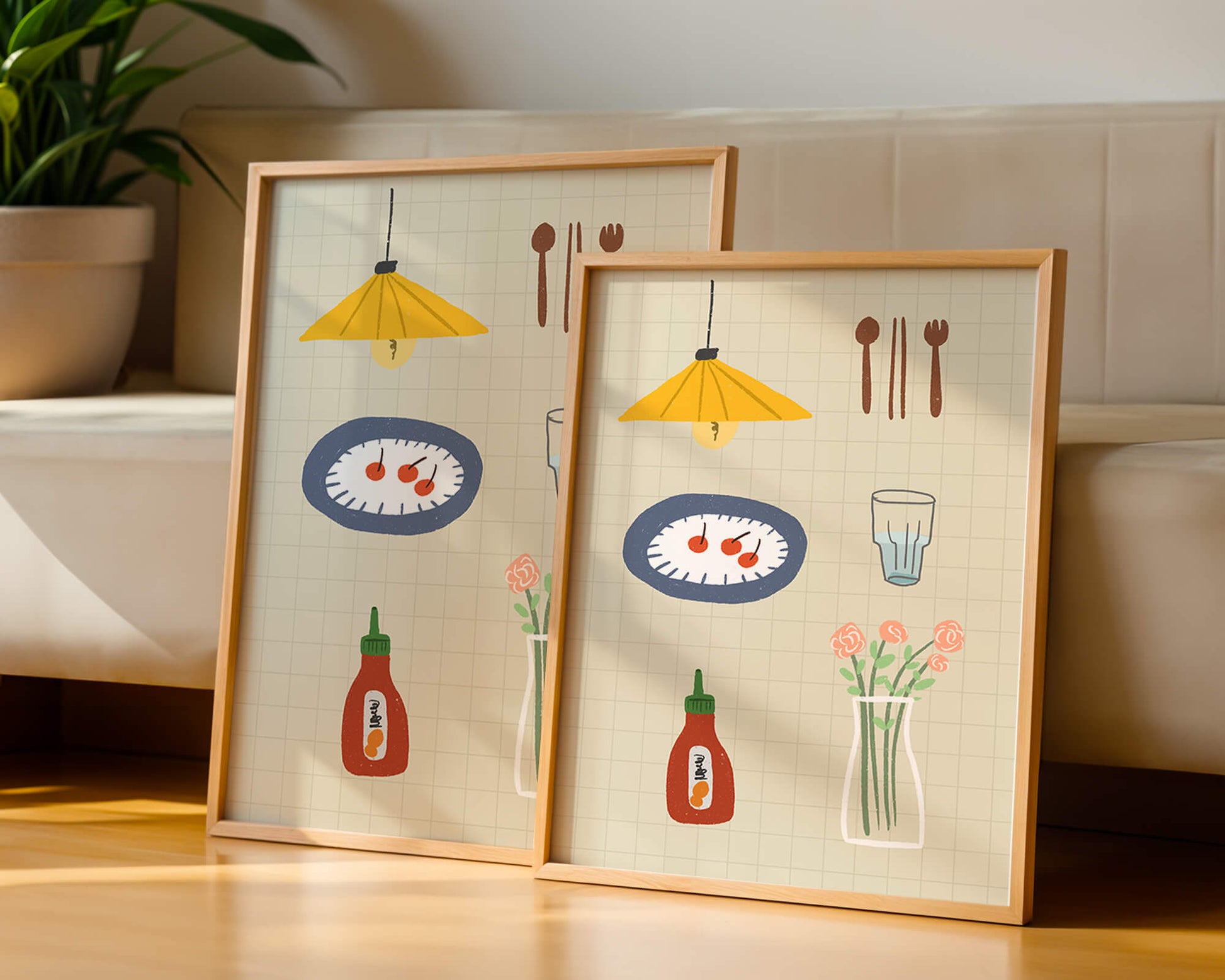 Artículos de cocina ilustrados que incluyen lámpara, utensilios y flores