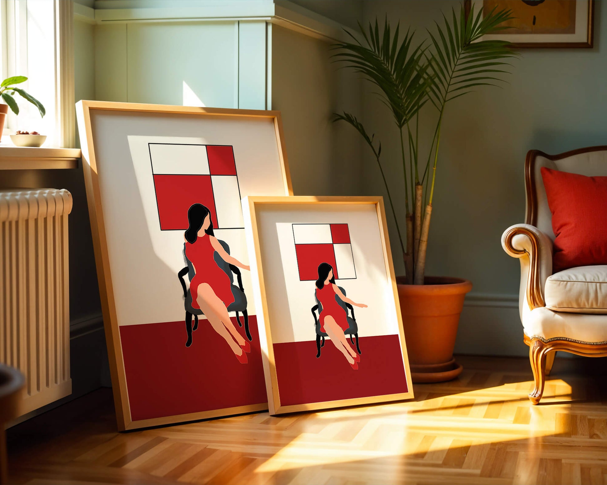Mujer abstracta en vestido rojo sentada en una silla con arte geométrico en la pared