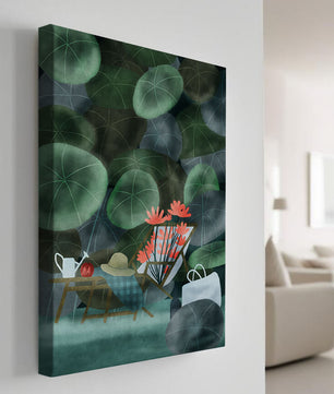 Garden Scene with Flowers, Table, and Chair in a Leafy Backdrop