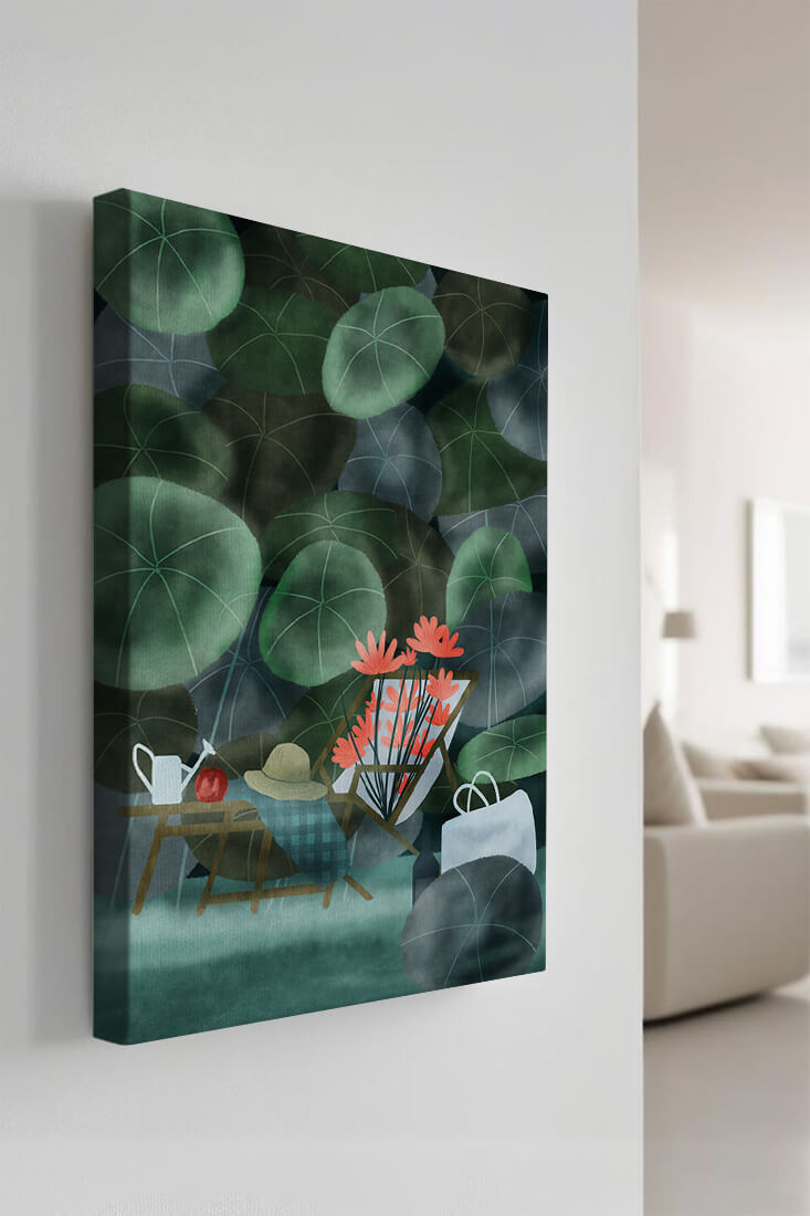 Garden Scene with Flowers, Table, and Chair in a Leafy Backdrop
