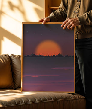 Sunset Over Mountains with Starry Sky