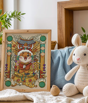 Bunte Illustration eines niedlichen Tieres in traditioneller Festtagskleidung mit goldenen Elementen