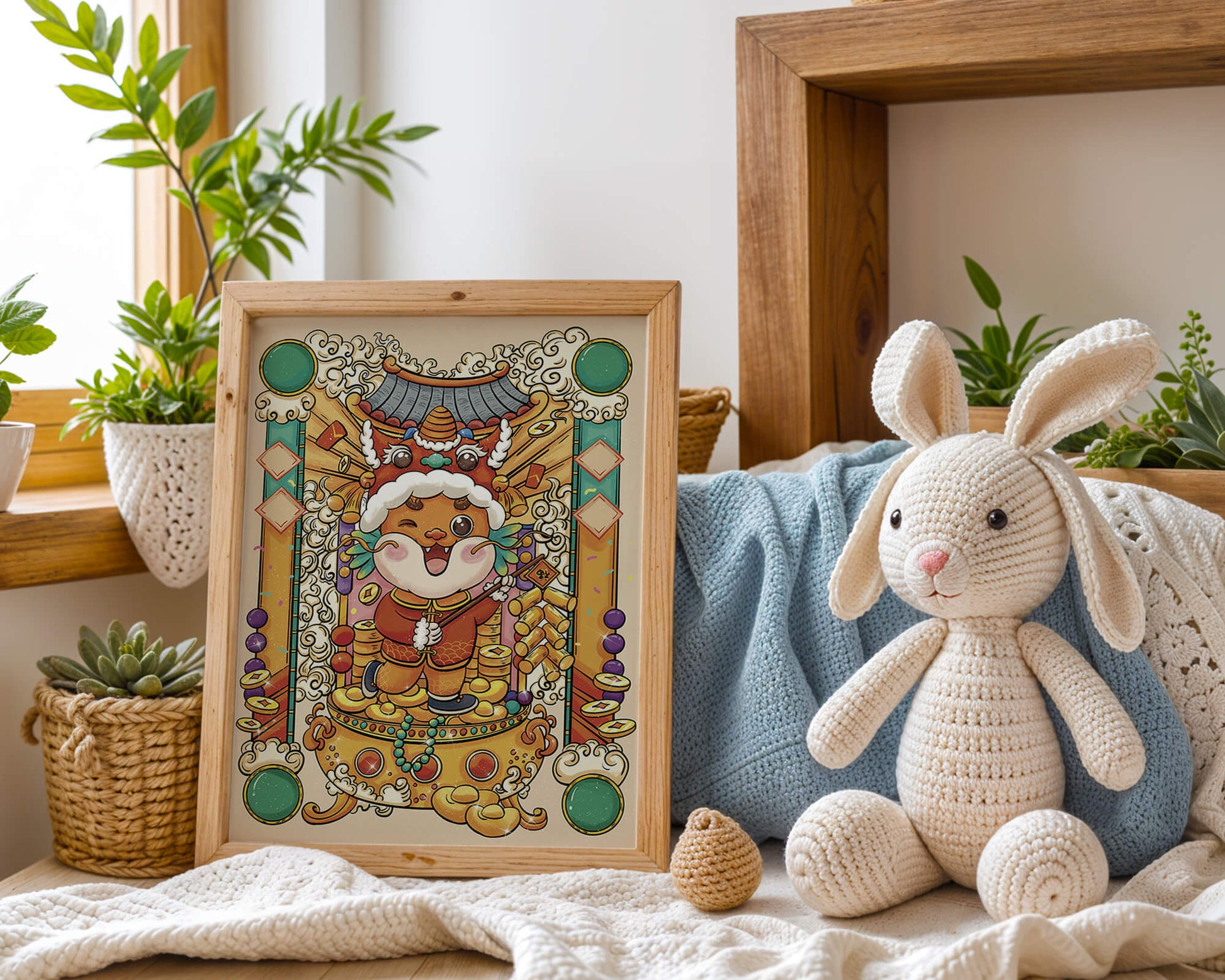 Ilustración colorida de un animal lindo en atuendo festivo tradicional con elementos dorados