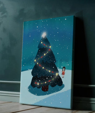 Winter scene with decorated Christmas tree and snowfall
