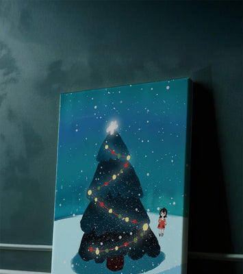 Winter scene with decorated Christmas tree and snowfall