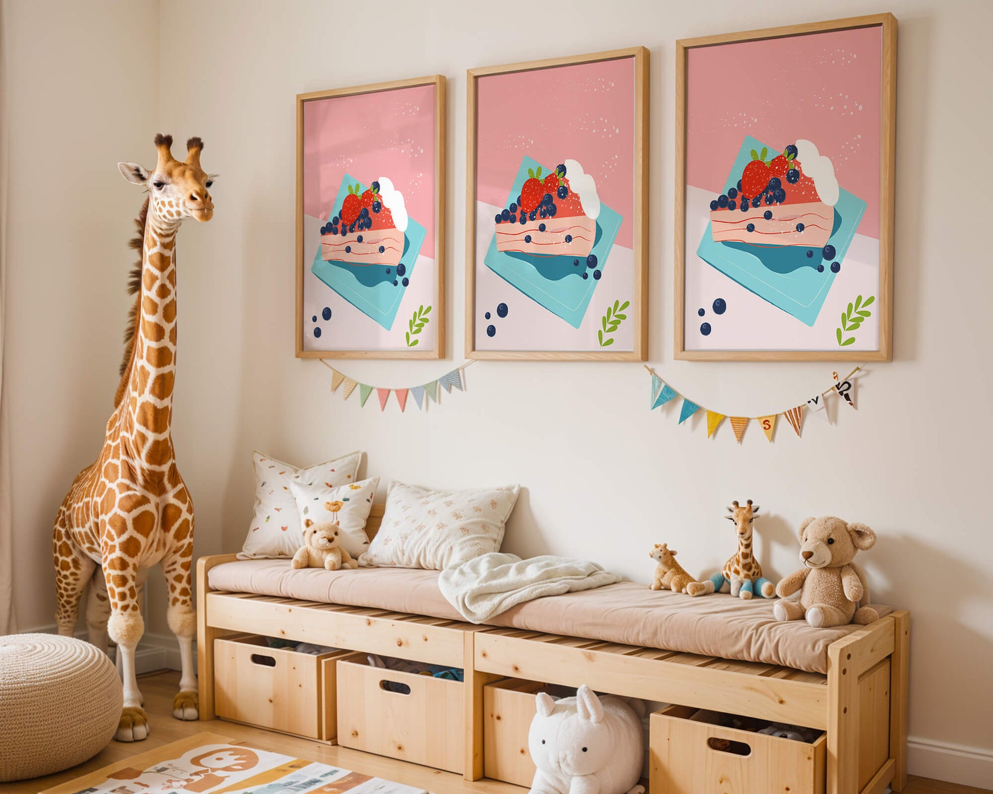 Bunte Dessertillustration mit Erdbeeren und Blaubeeren auf pastellfarbenem Hintergrund