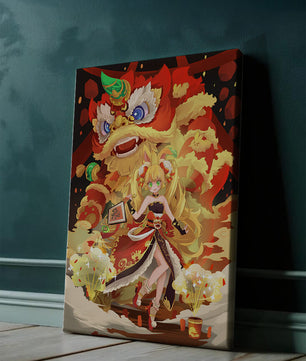 Colorful anime-inspired scene with a lion dance and festive character