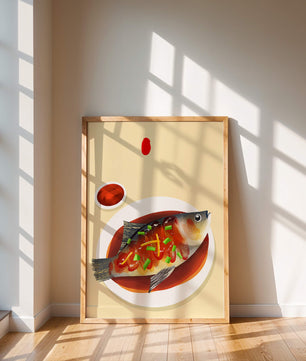 Illustration of a colorful fish dish with garnish