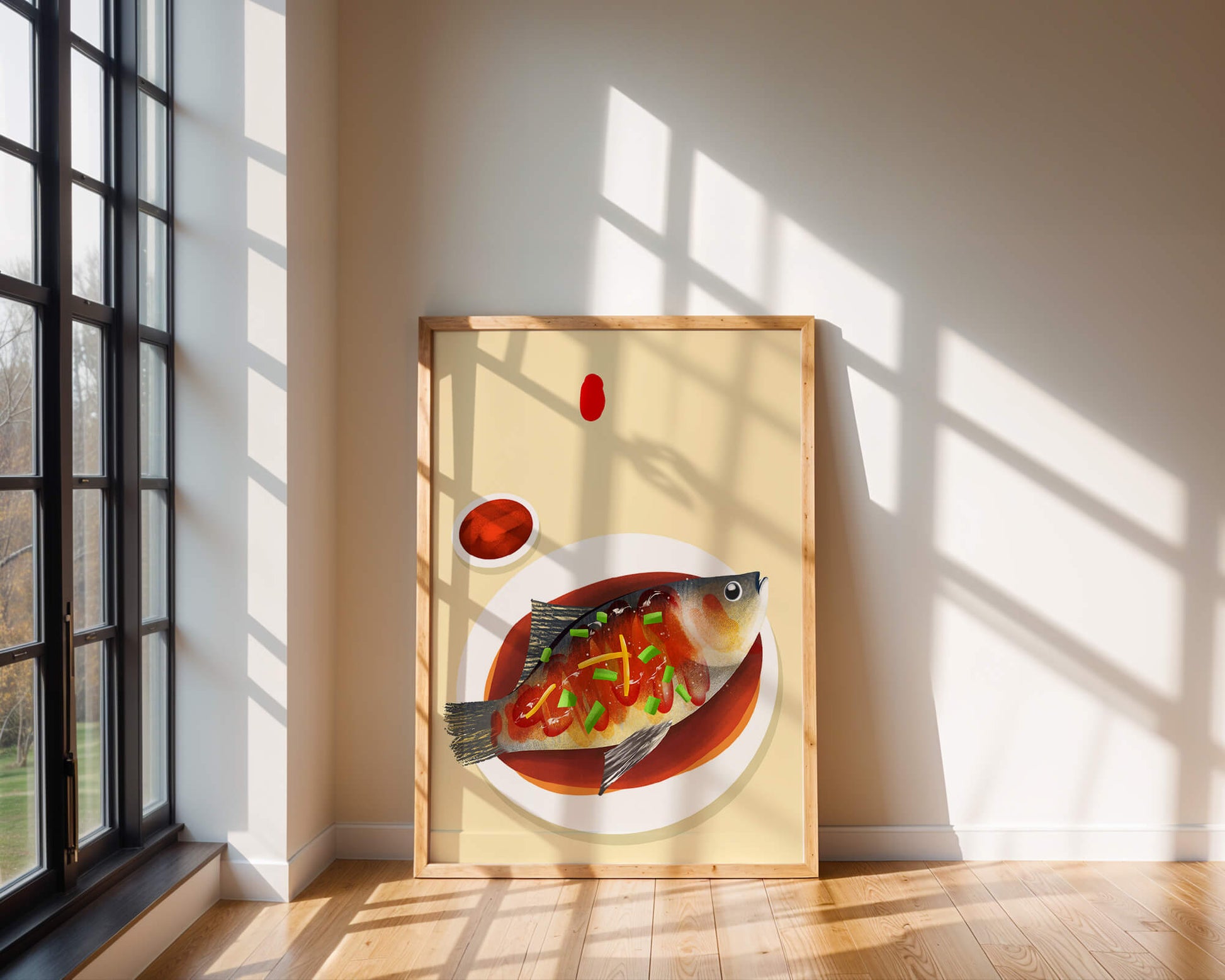 Illustration of a colorful fish dish with garnish