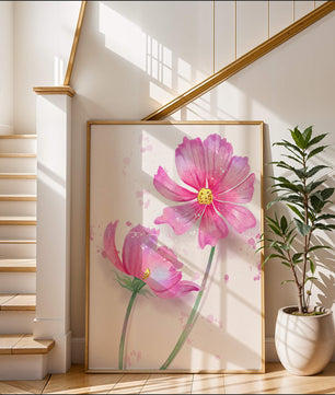 Flores delicadas en acuarela rosada con salpicaduras artísticas en lienzo