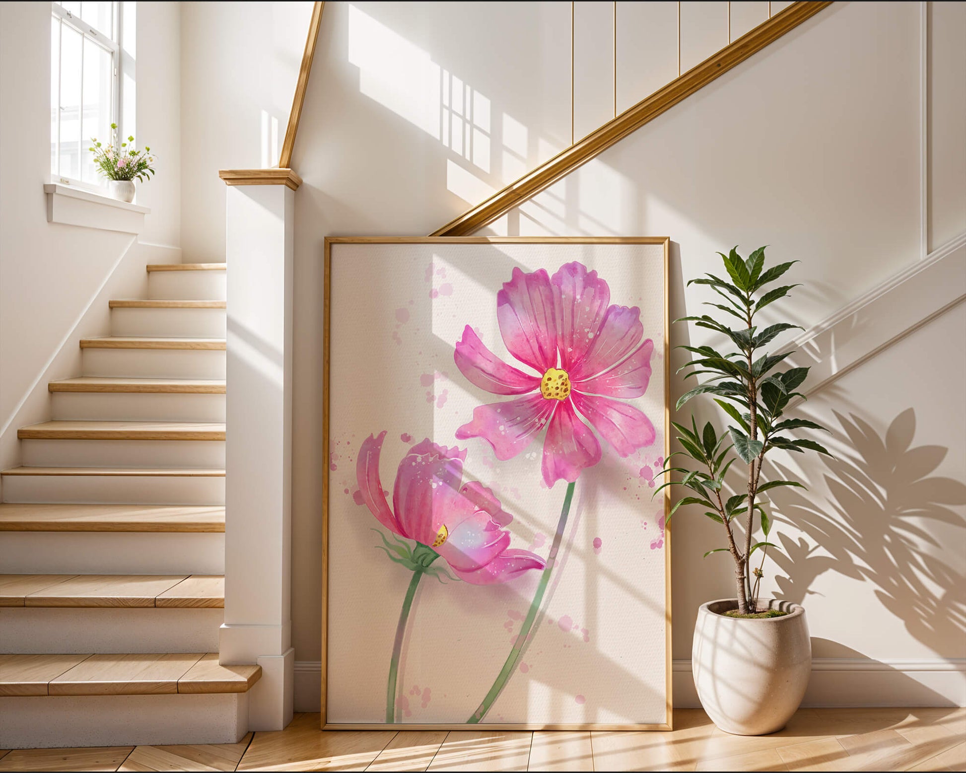 Flores delicadas en acuarela rosada con salpicaduras artísticas en lienzo