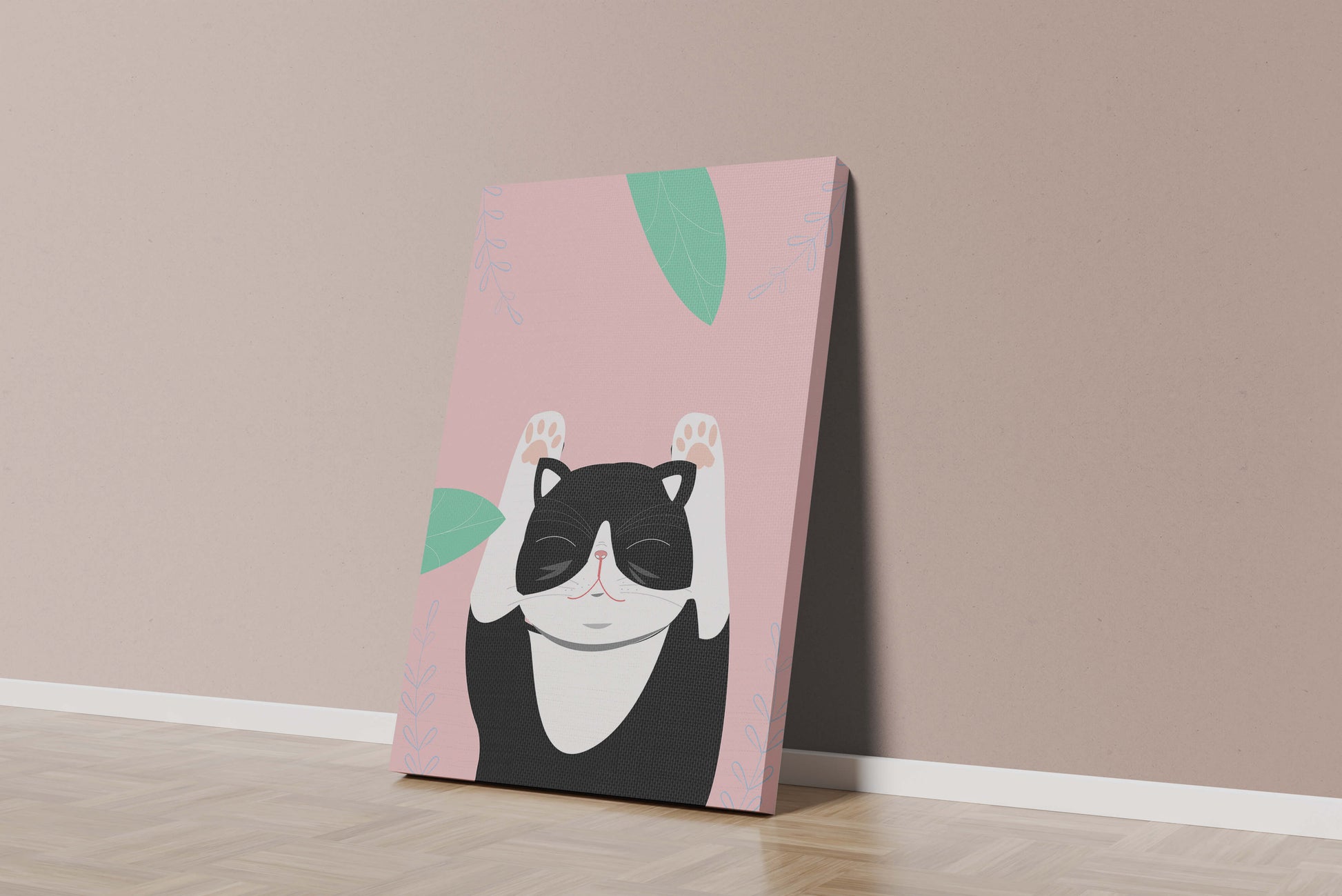 Illustrated cat on pink background with leaves