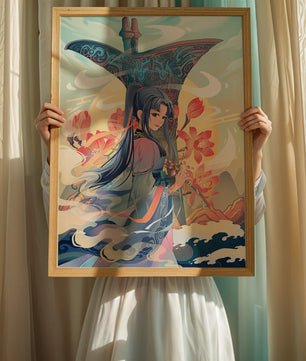 Art fantastique élégant : femme en tenue traditionnelle avec fond floral