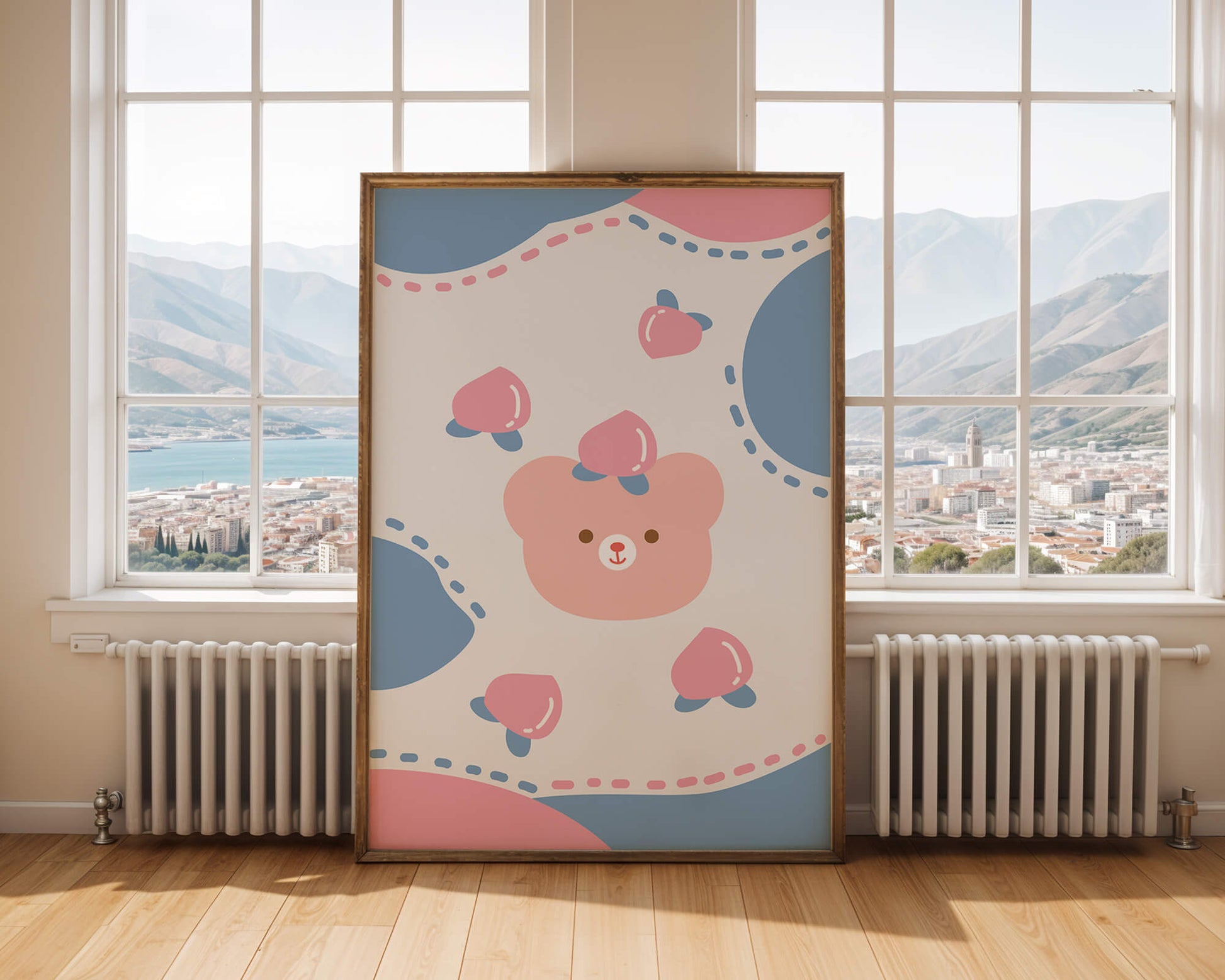 Adorable pastel bear with peaches and dotted background