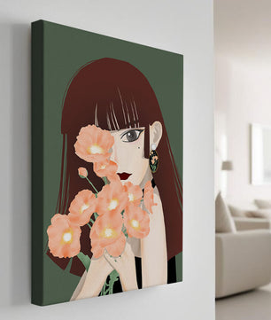 Porträt einer Frau mit Blumenstrauß und elegantem Ohrring