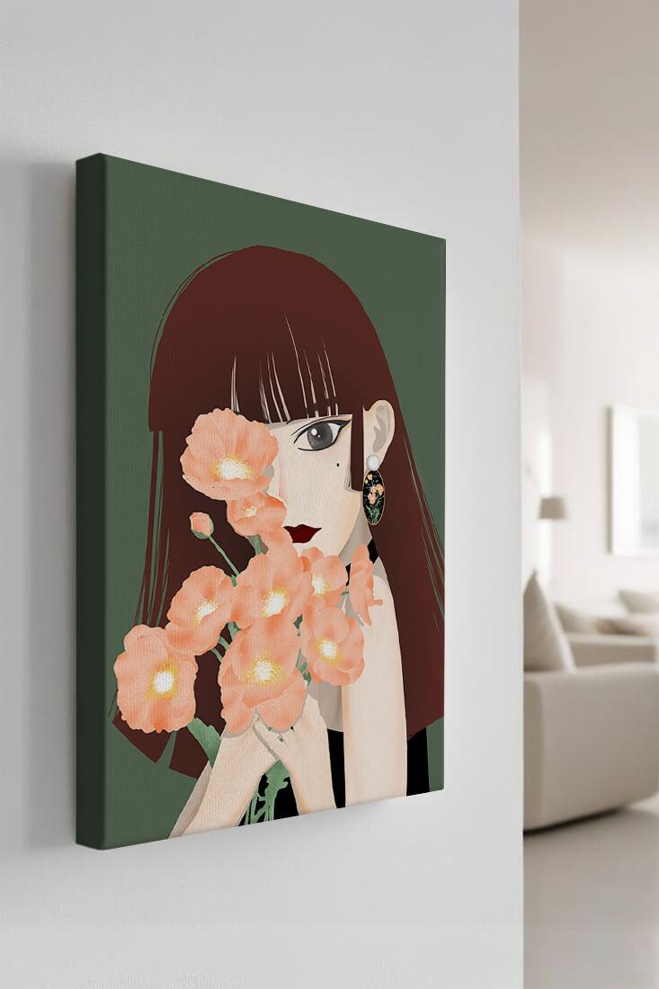 Porträt einer Frau mit Blumenstrauß und elegantem Ohrring