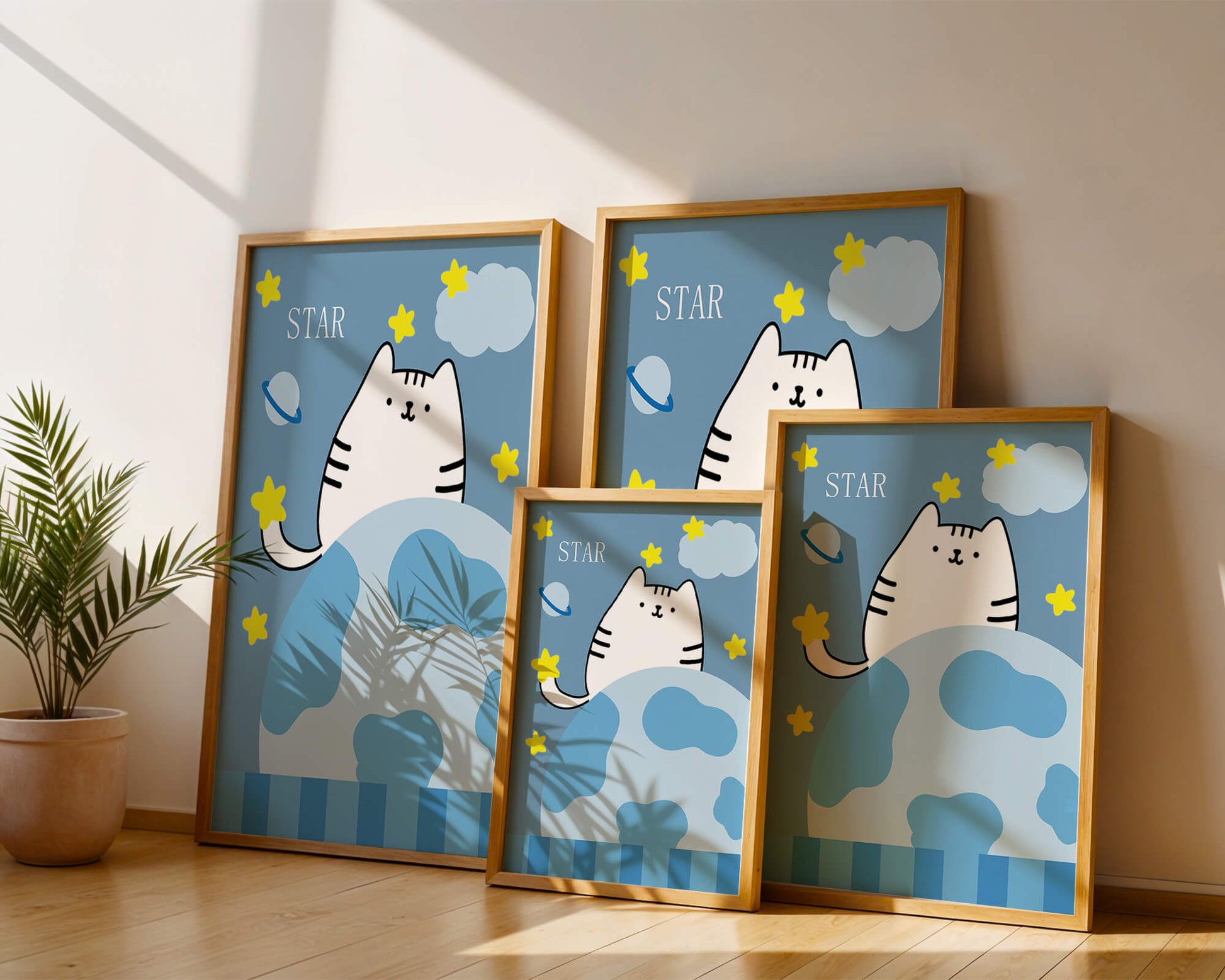 Illustration of a cute cat in space with stars and planets