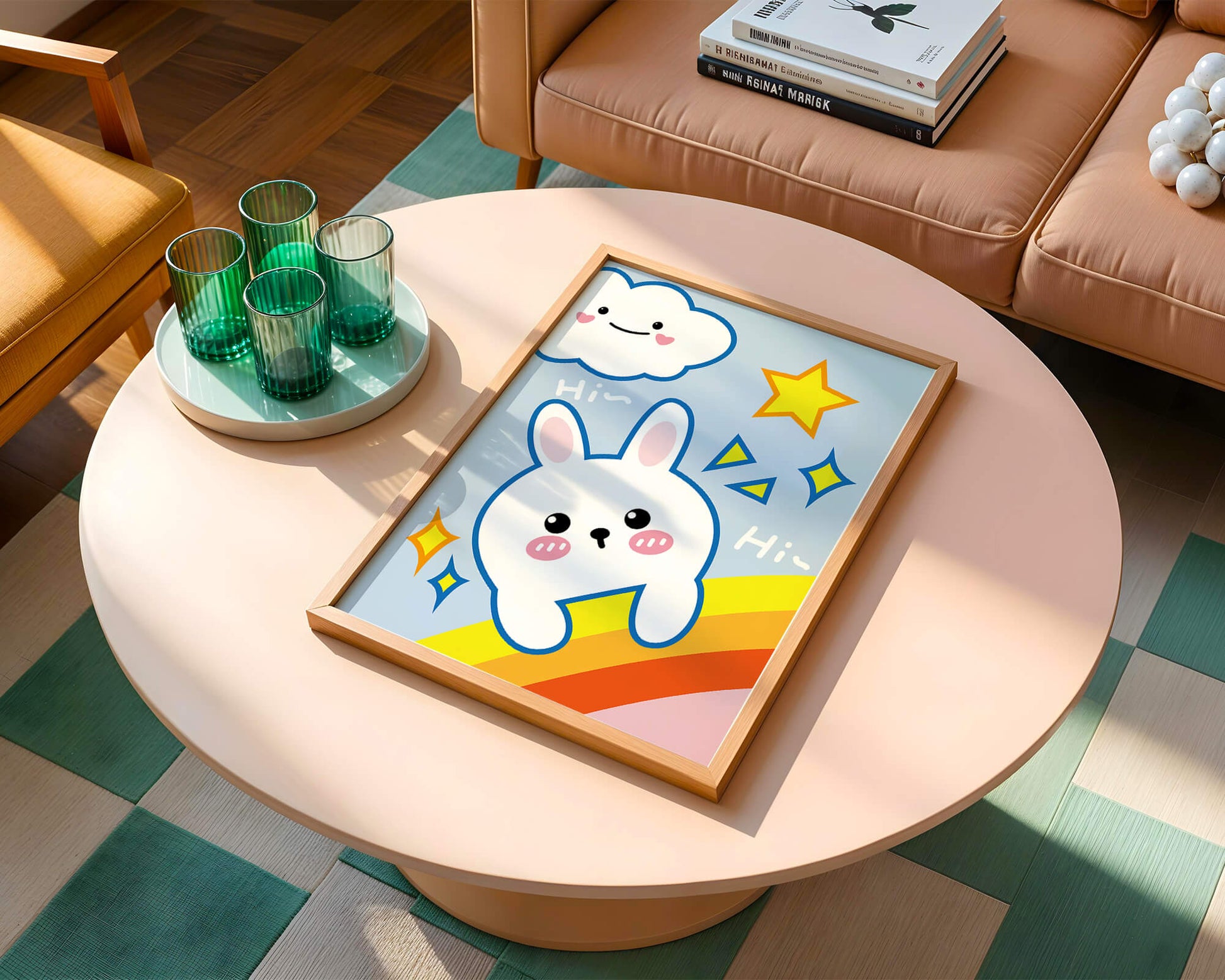 Whimsical cartoon bunny with cloud and rainbow theme