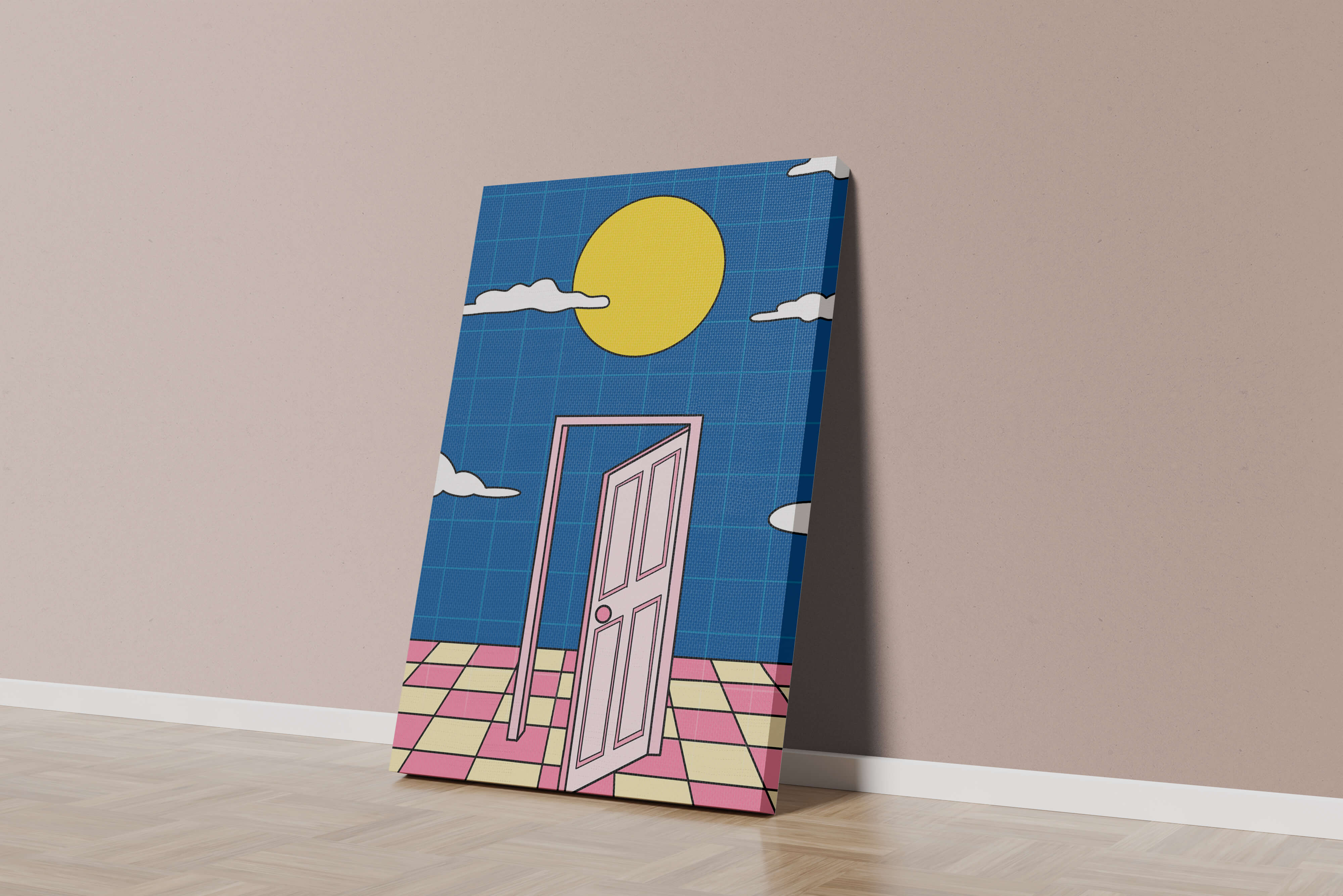 Surreal doorway with pink door under yellow sun and blue sky
