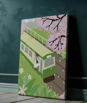 Escena de cerezos en flor y tren en un paisaje primaveral