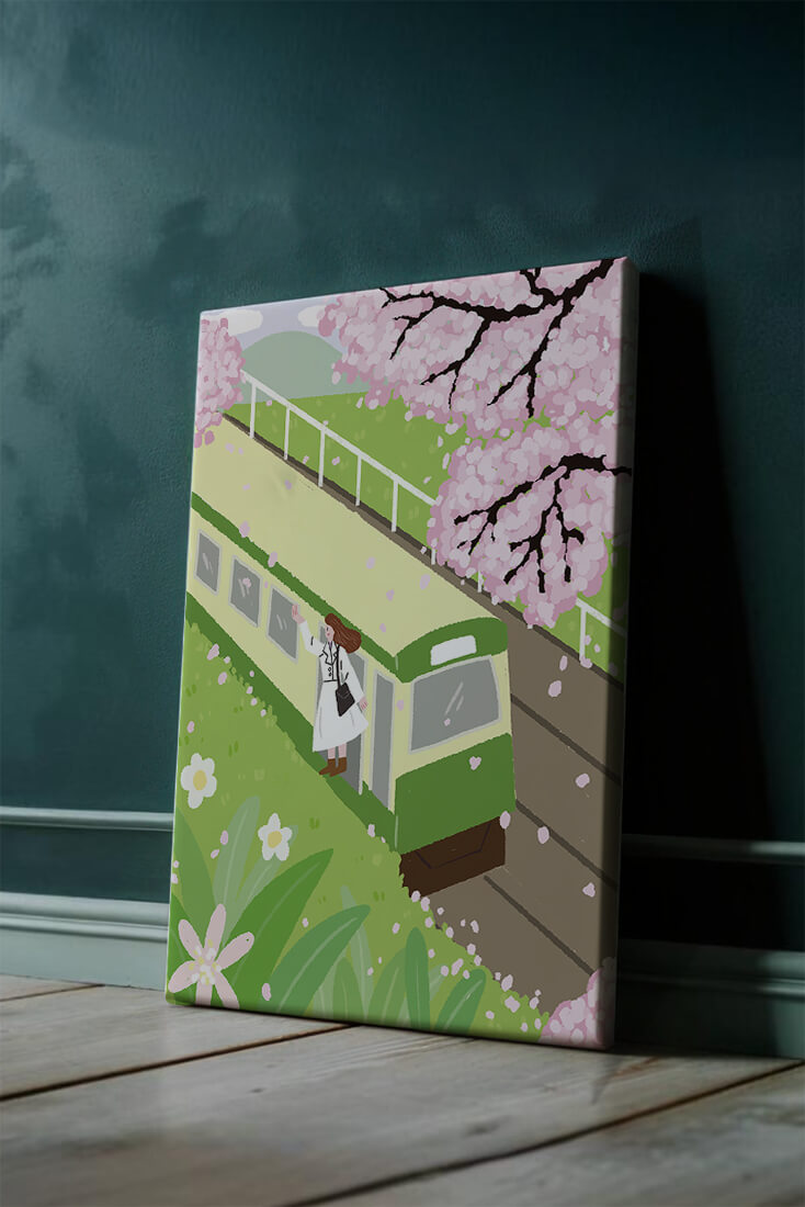 Cherry Blossoms and Train Scene in Spring Landscape