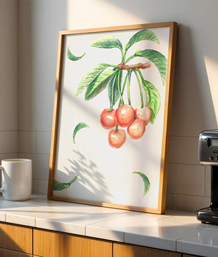 Ilustración realista de rama de cerezo con hojas verdes