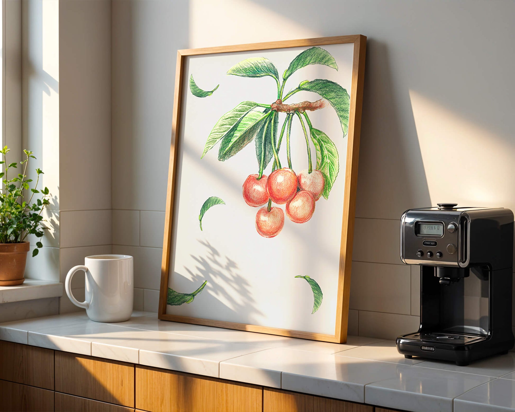 Realistic Illustration of Cherry Branch with Green Leaves