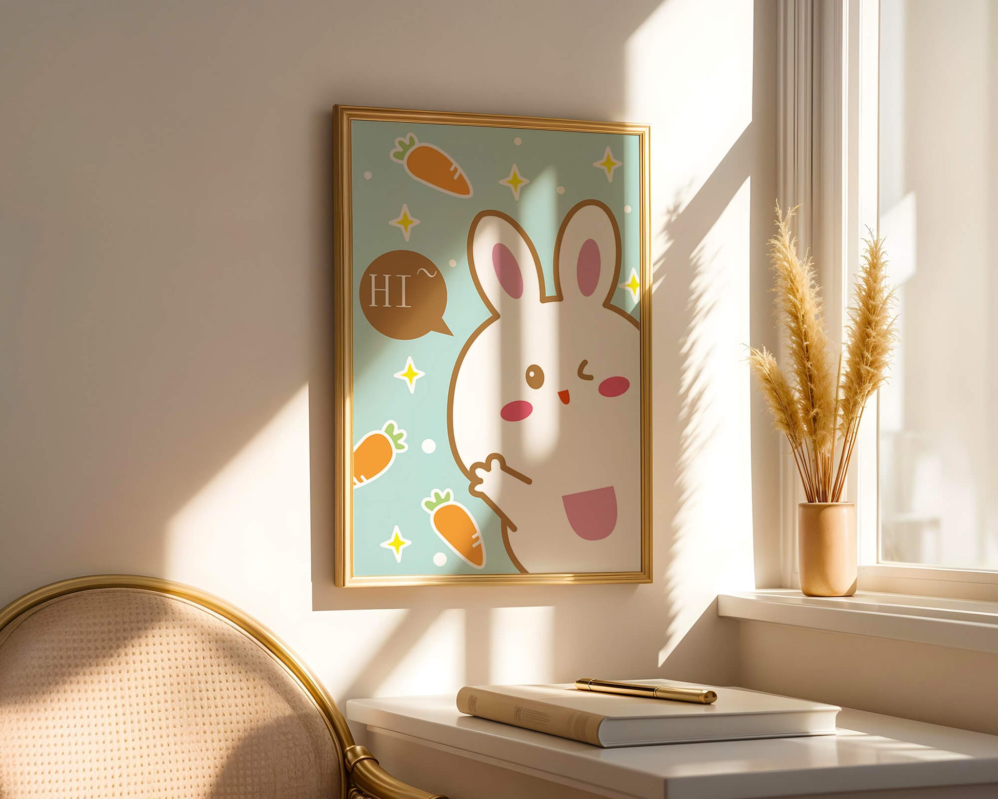Conejo de dibujos animados juguetón con zanahorias y estrellas sobre fondo turquesa