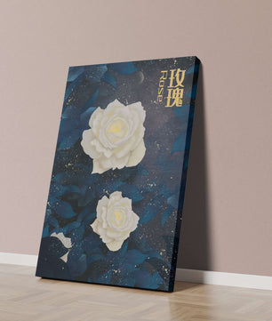 Elegant white roses on a celestial night background with deep blue leaves