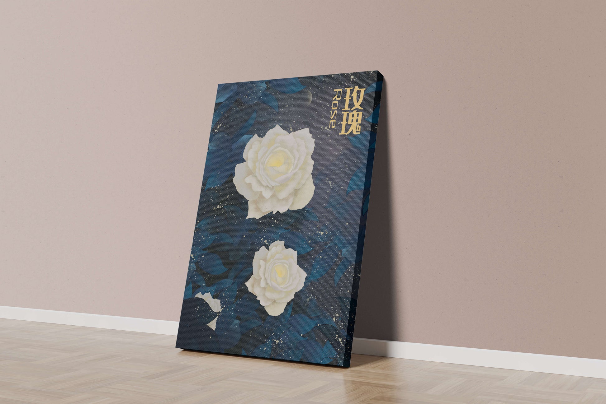 Elegant white roses on a celestial night background with deep blue leaves