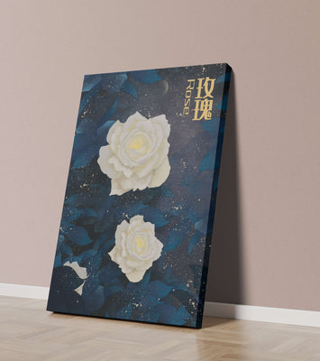 Elegant white roses on a celestial night background with deep blue leaves