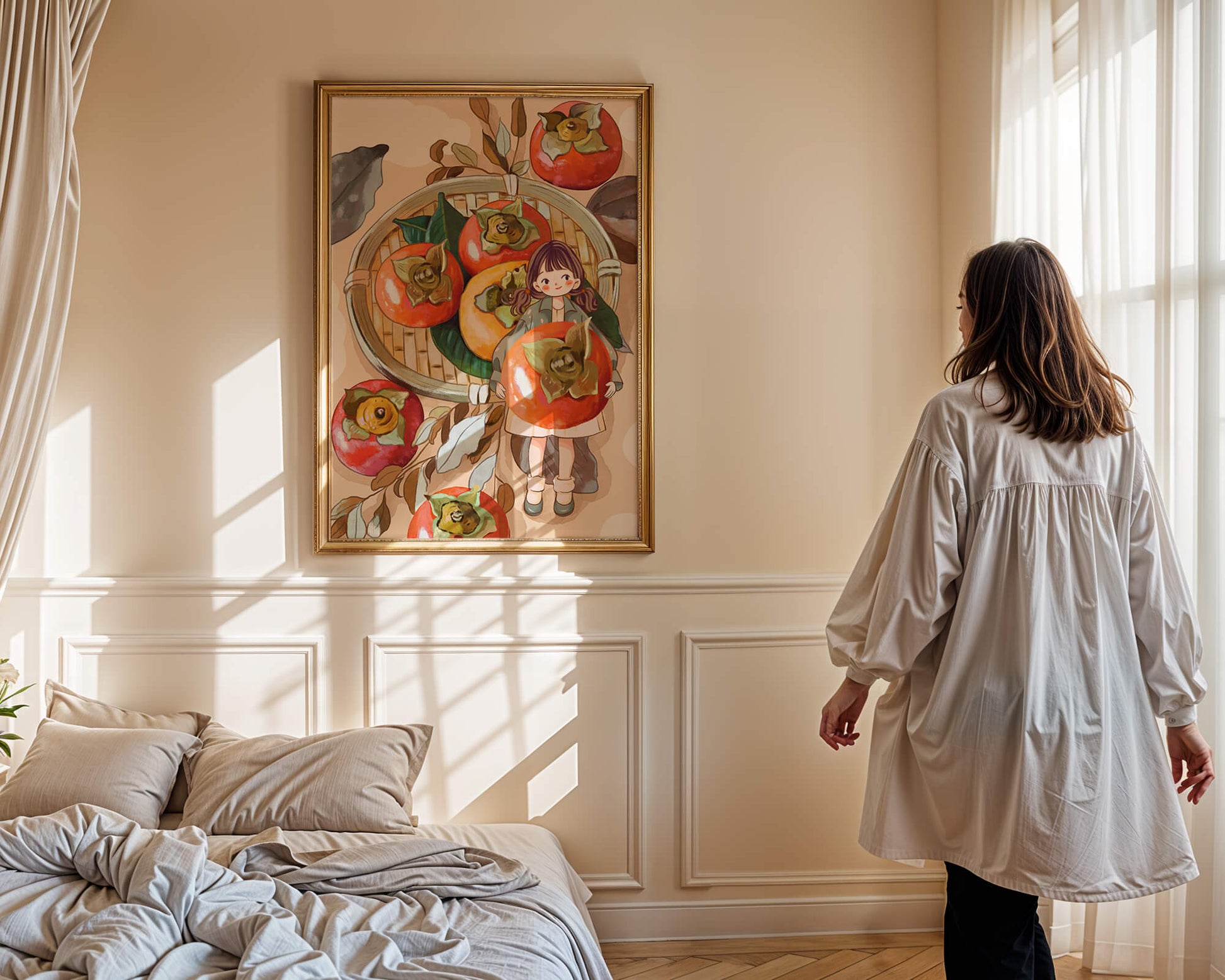 Joven sosteniendo un dátil en una escena de cosecha caprichosa