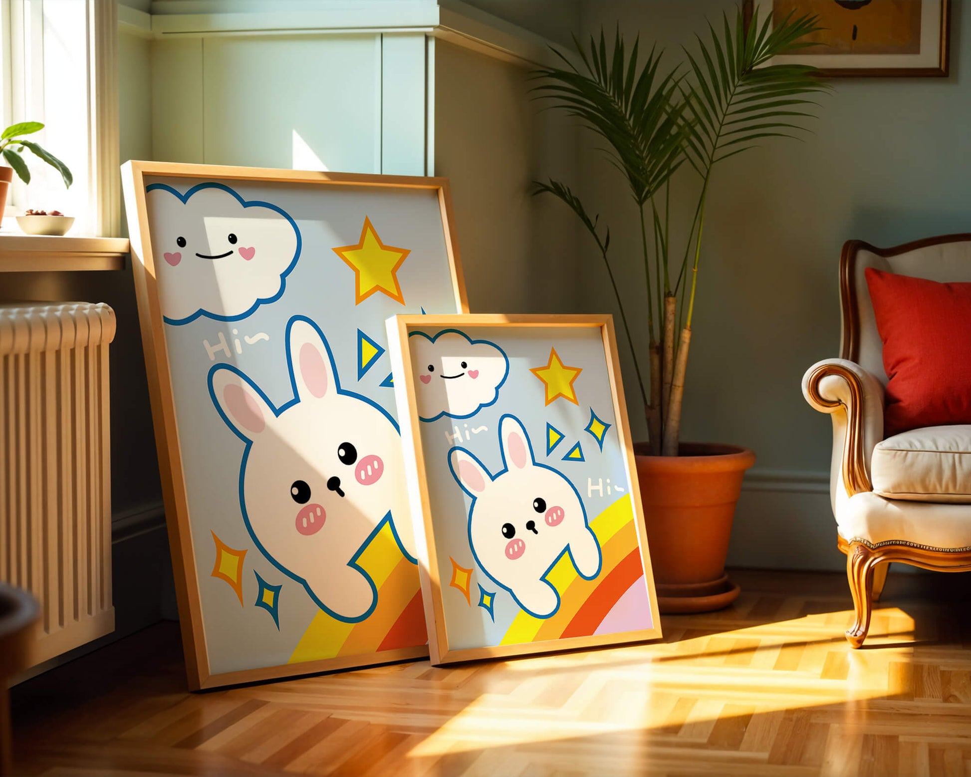 Whimsical cartoon bunny with cloud and rainbow theme