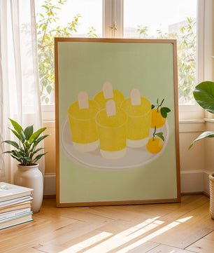 Illustration de sucettes glacées jaunes et d'oranges sur une assiette