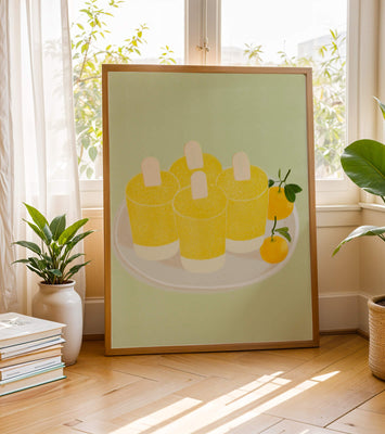Illustration of yellow popsicles and oranges on a plate