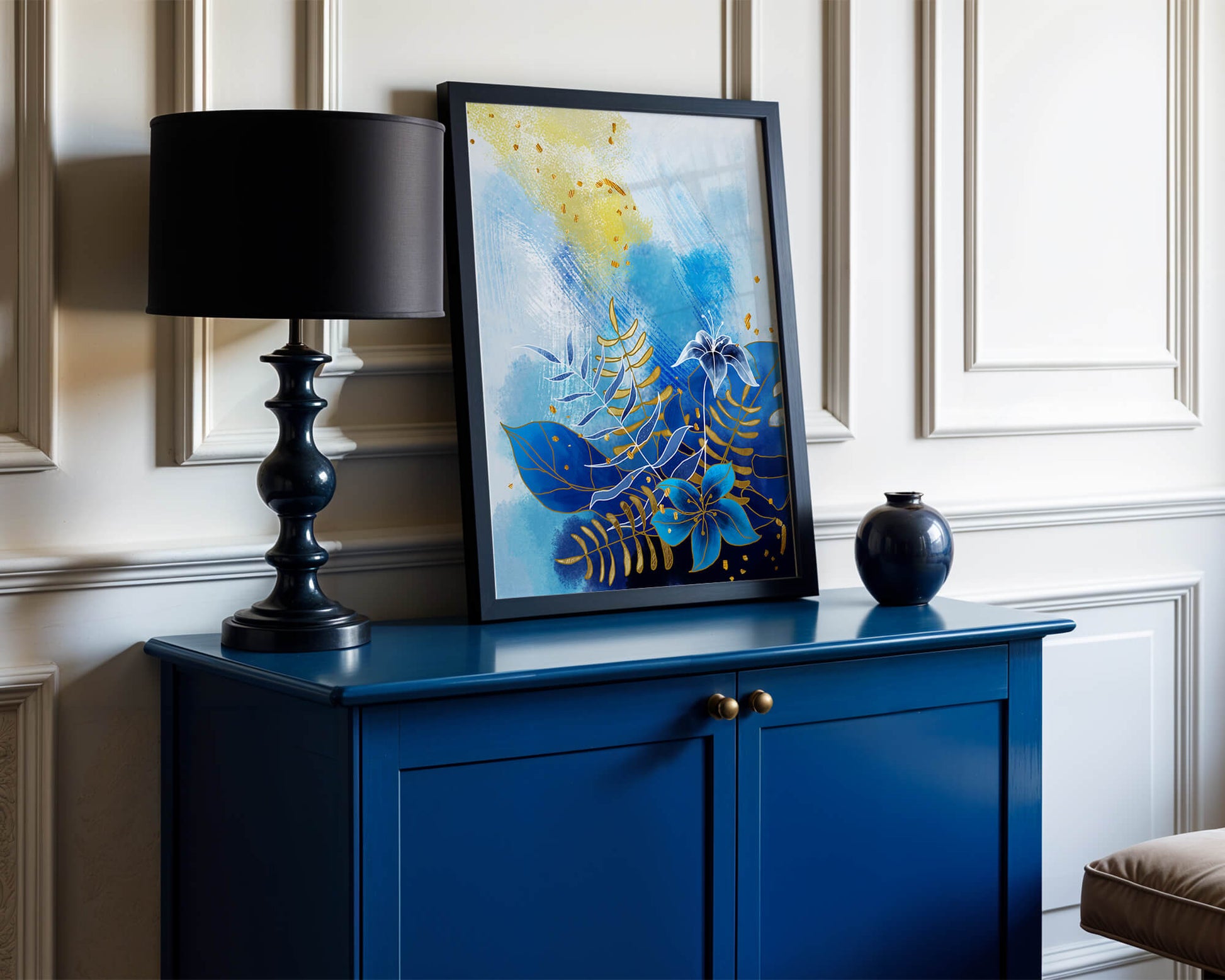 Floral illustration with blue leaves and golden accents on abstract background