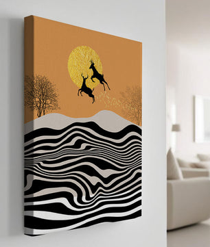 Abstract landscape with jumping deer and golden sun