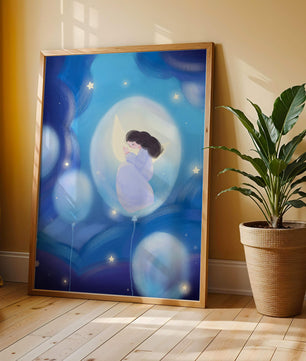 Dreamlike night sky with a girl on a moon enveloped by stars and balloons