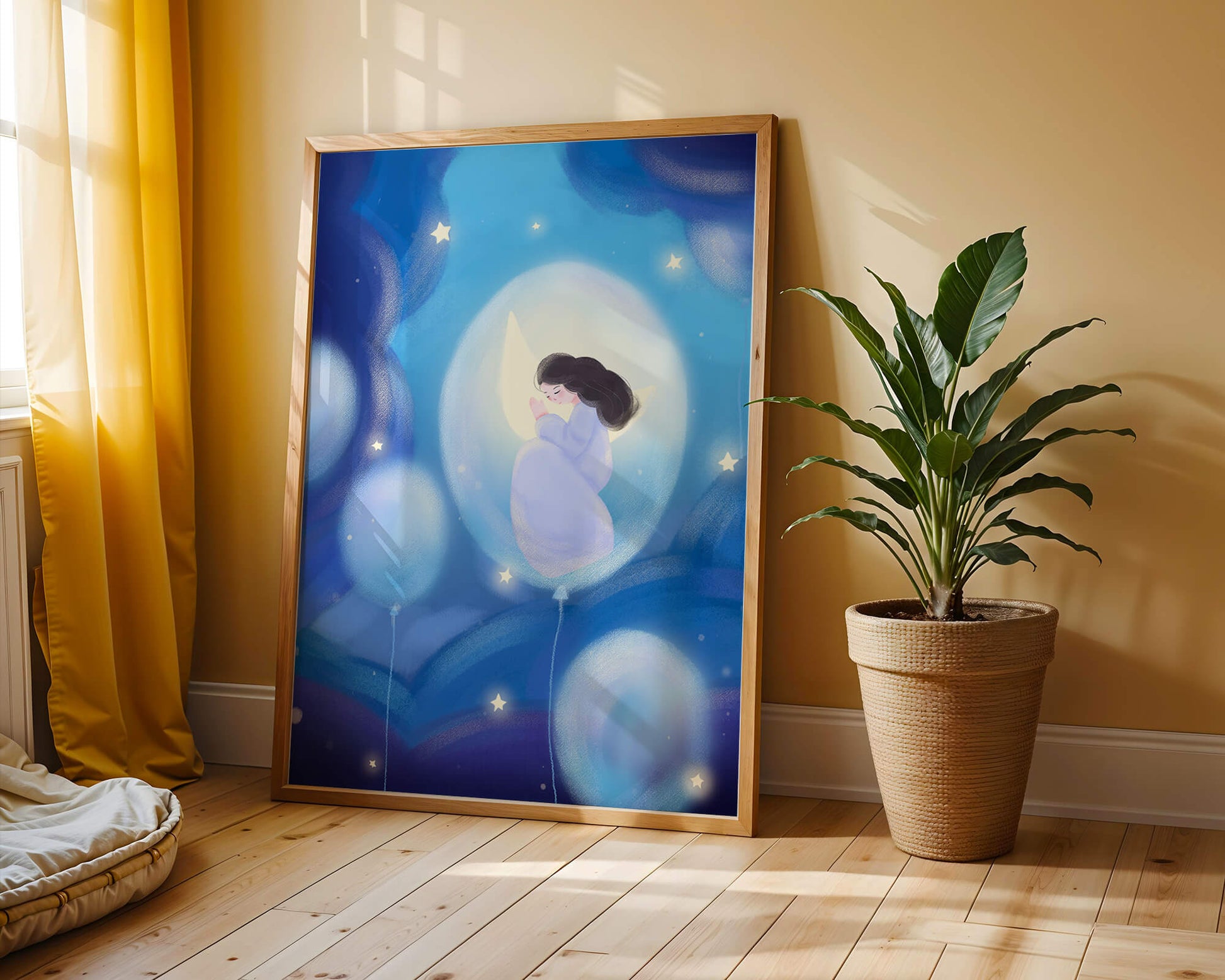 Dreamlike night sky with a girl on a moon enveloped by stars and balloons