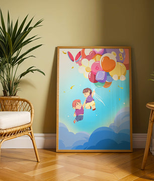 Ilustración caprichosa de niños en el cielo con globos de colores