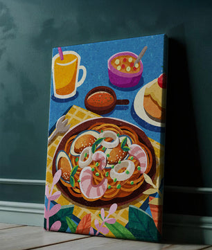 Escena ilustrativa de desayuno colorida con pasta y bebidas