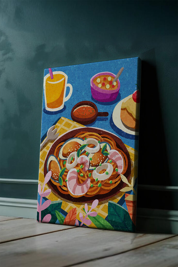 Colorful Illustrative Breakfast Scene with Pasta and Drinks