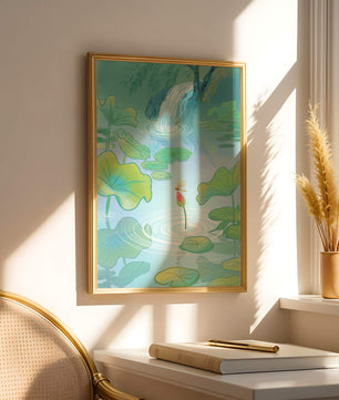 Serene pond scene with lotus leaves and waterfall