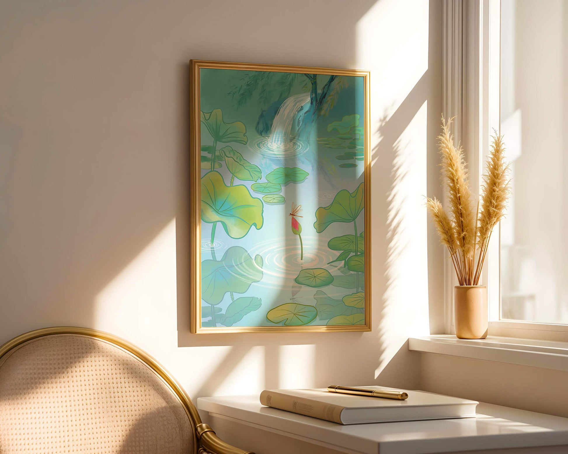 Serene pond scene with lotus leaves and waterfall
