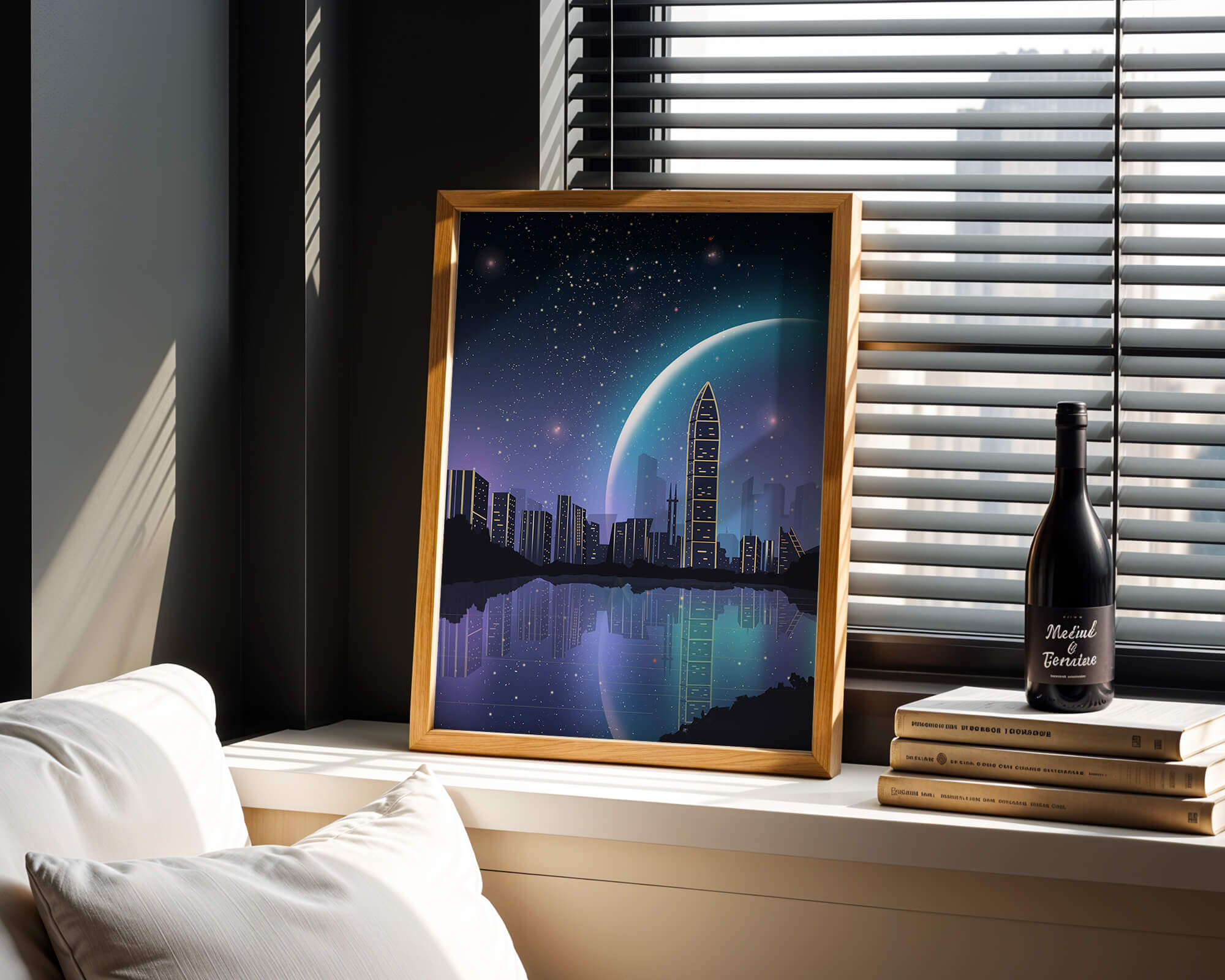 Futuristic cityscape under a starry night sky