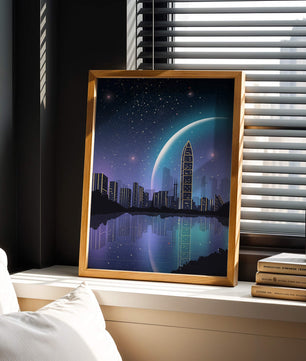 Paisaje urbano futurista bajo un cielo estrellado