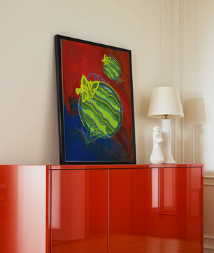 Obra de arte abstracta de sandía colorida con fondo vibrante