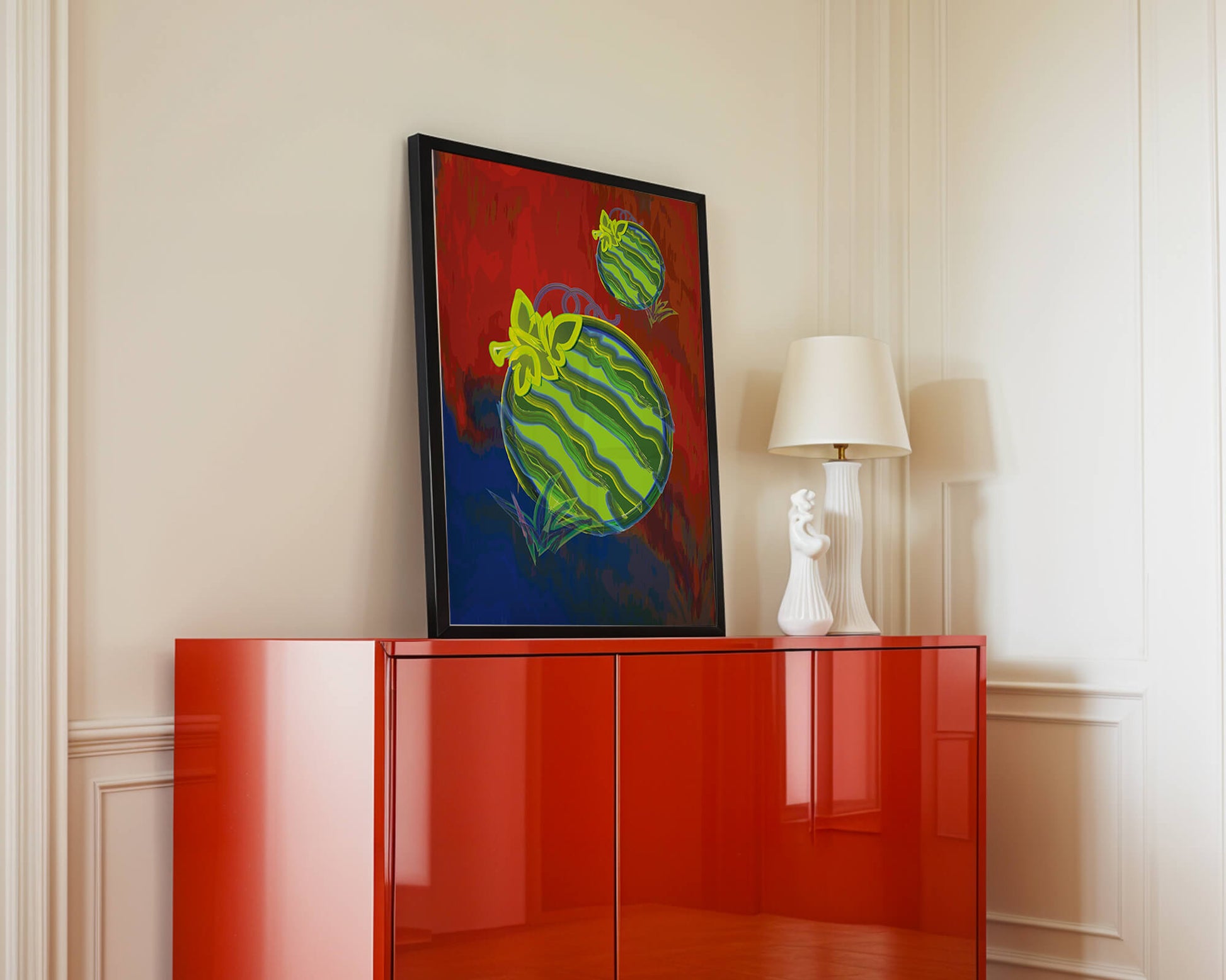 Abstract colorful watermelon artwork with vibrant background